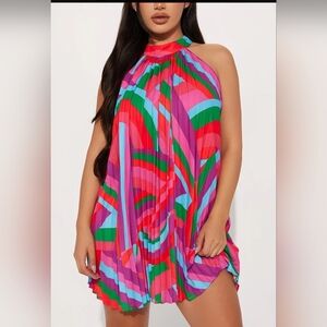 Vibrant Multicolor Pleated Halter Dress